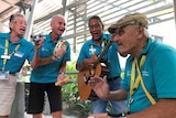Four older gentlemen play their instruments in the foyer of the PA hospital.
