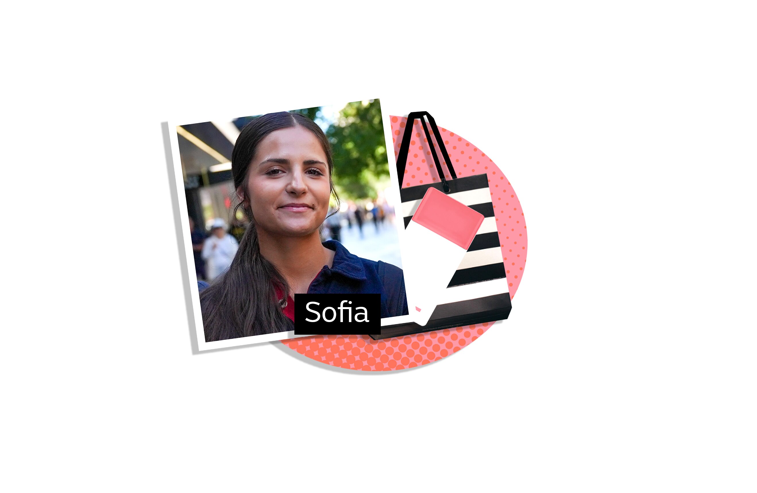 A photo of a smiling girl with olive skin and brown hair, inside a colourful graphic with skincare products and the word Sophia.