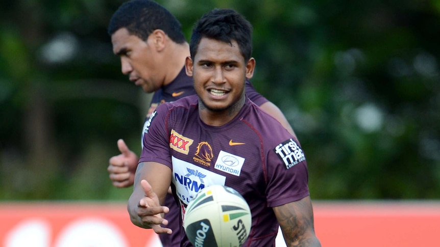 Brisbane Broncos' Ben Barba throws a pass during training on February 4.