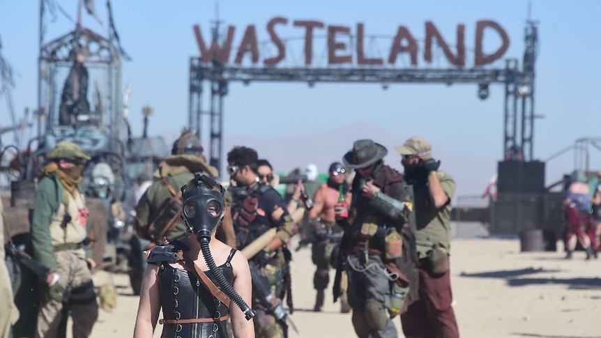 Festival goers attend the first day of Wasteland Weekend in the high desert community of California City in the Mojave Desert.