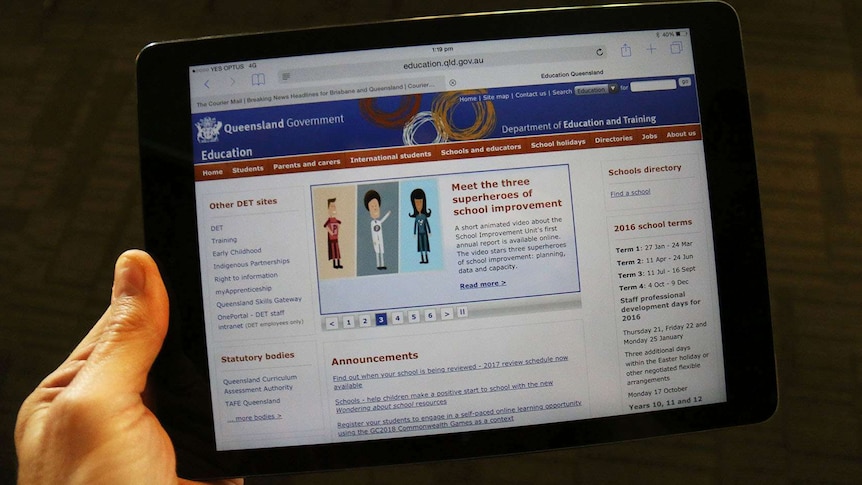 The Education Queensland website as seen on a hand-held iPad