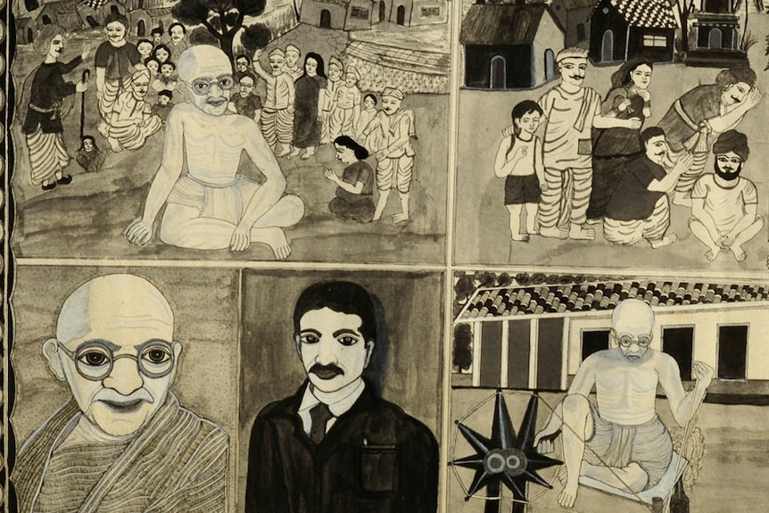 Sketches of Ghandi shows the changing times of India.