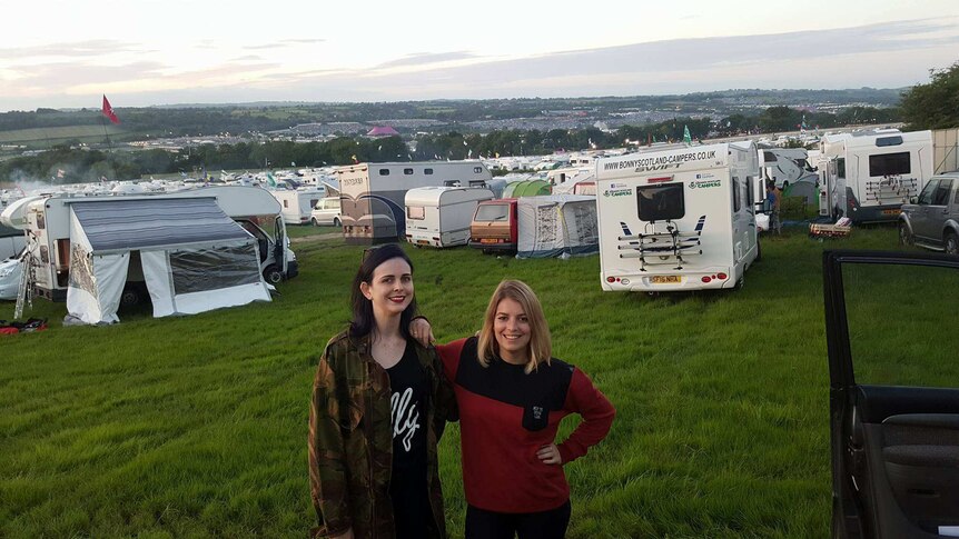 Australian Elise Milward with her friend on site at the 2016 Glastonbury Fesitval in Somerset, England.