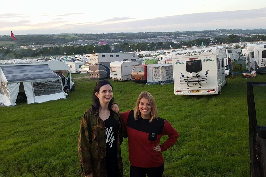 Australian Elise Milward with her friend on site at the 2016 Glastonbury Fesitval in Somerset, England.