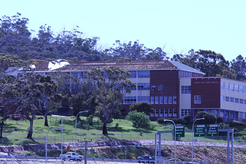 Roof damage at Rose Bay High School, Hobart, 10 October 2016.