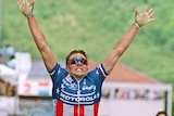 Lance Armstrong celebrates after winning the eighth stage of his first Tour de France in Verdun on July 11, 1993.