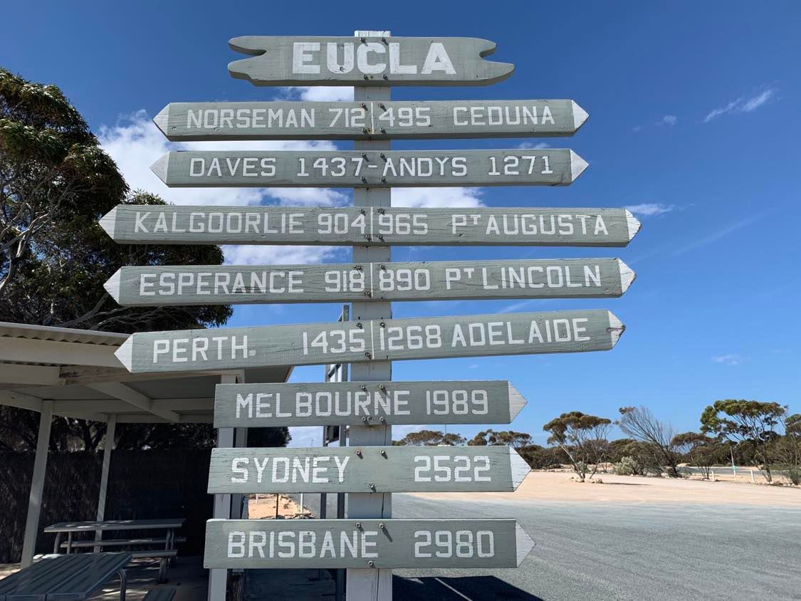 A wooden sign shows the distances to a range of different towns