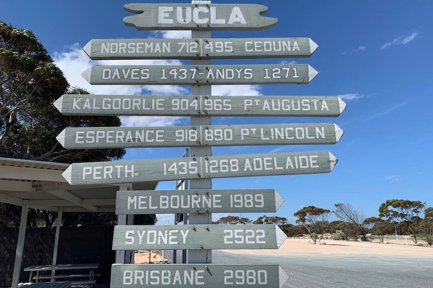 A wooden sign shows the distances to a range of different towns
