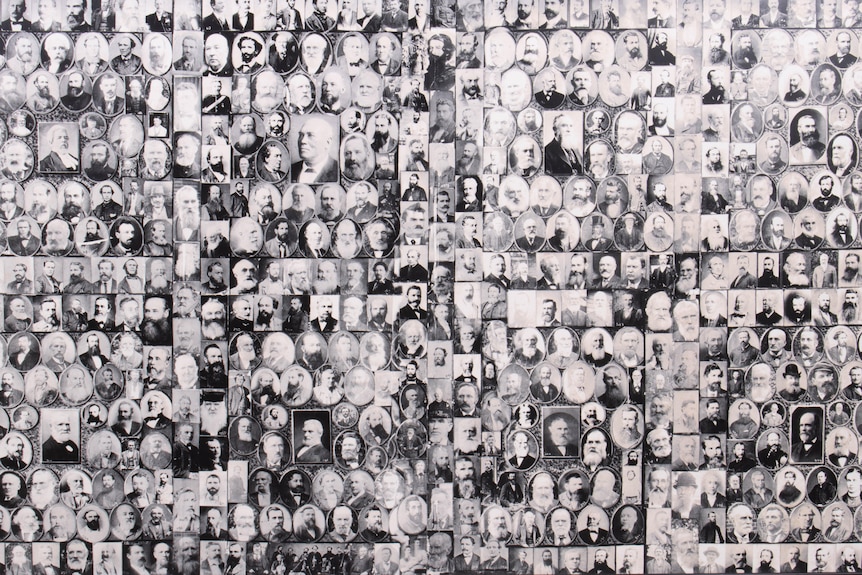 A photo board of old photos of men