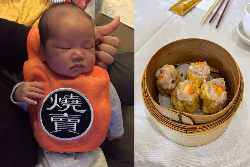 Une photo composite d'un bébé chinois et d'un plat de dim sum.