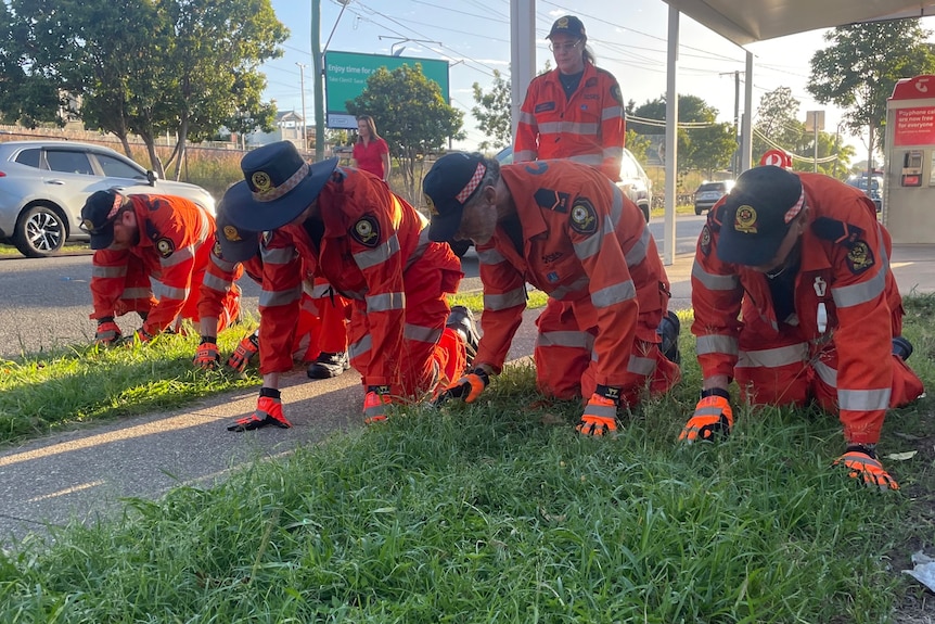 SES people on their hands and knees going through the grass and path. 