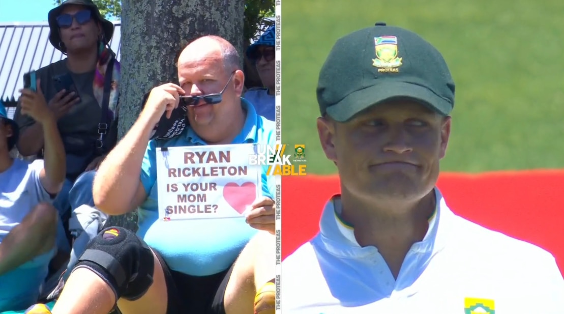 A split screen of a man with holding a sign saying 