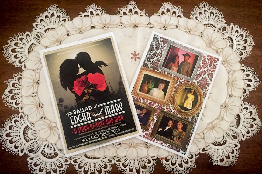 Photograph of the program for the theatre production The Ballad of Edgar and Mary on a lace doily