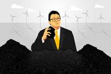 Illustration of man holding piece of coal standing behind mountains of coal with wind turbines in background.