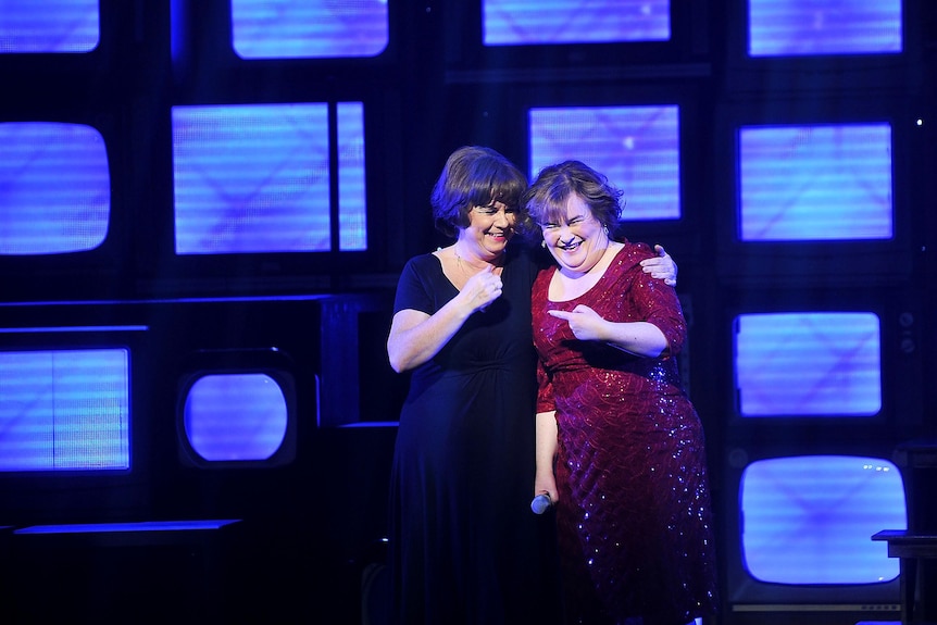 Susan Boyle appear on stage at the world premiere of I Dreamed A Dream