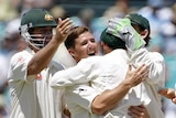Brad Hogg celebrates a wicket with team-mates