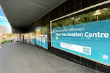 A building in a shopping mall that has been converted into a vaccination hub.