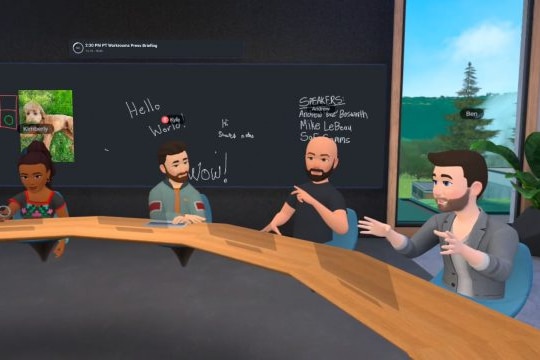 A virtual conference room with cartoon avatars.