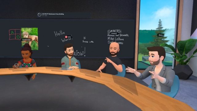 A virtual conference room with cartoon avatars.