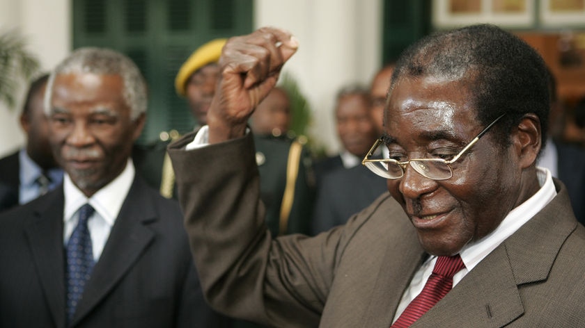 Zimbabwe President Robert Mugabe gestures while speaking to journalists after meeting with South Africa President Thabo Mbeki (L).