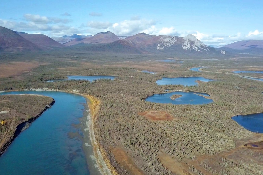 An aerial shot of an Alaskan wildlife refuge during the day