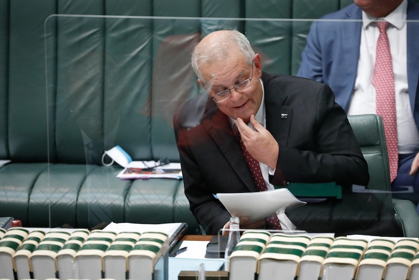 Scott Morrison reads from a piece of paper while sitting in the House of Representatives
