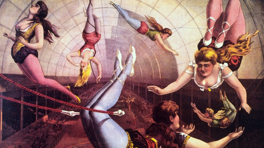 Colour illustration of five women swinging through the air with trapeze swings, with circus ring just visible below on ground.
