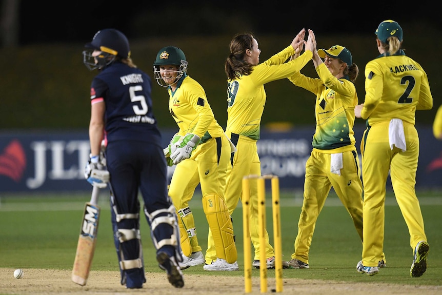 Amanda-Jade Wellington takes a wicket against England