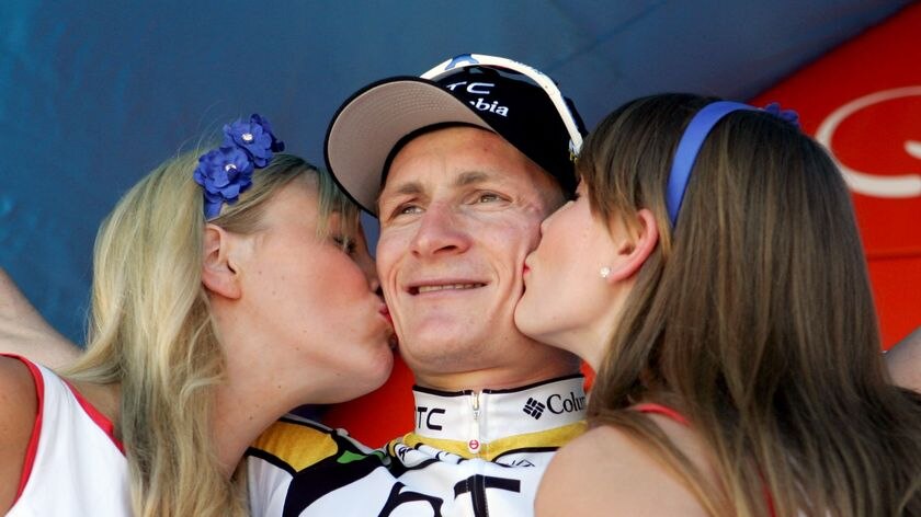 Andre Greipel of Germany (HTC Columbia) poses on the podium