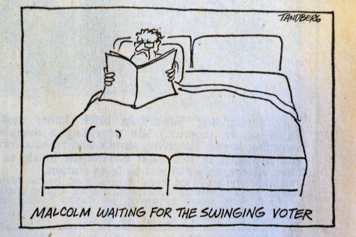 Ron Tandberg Age cartoon of Malcolm Fraser in bed.