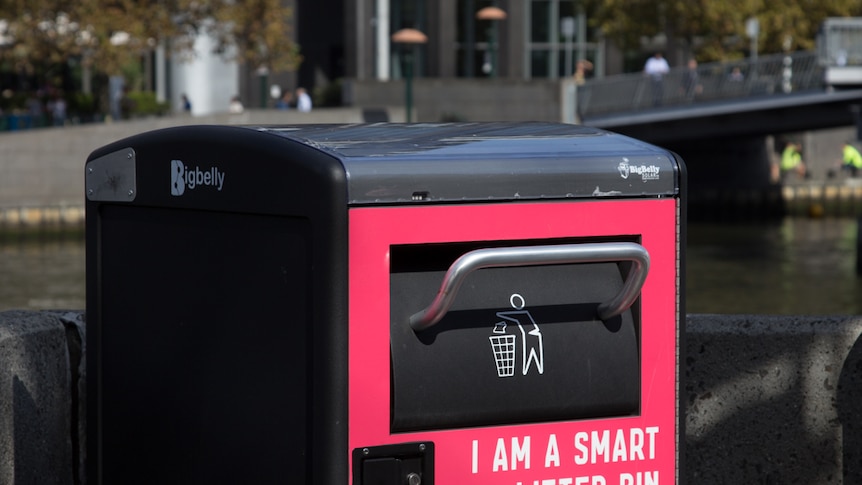 A pink rubbish bin with the words "I am a Smart Litter Bin".