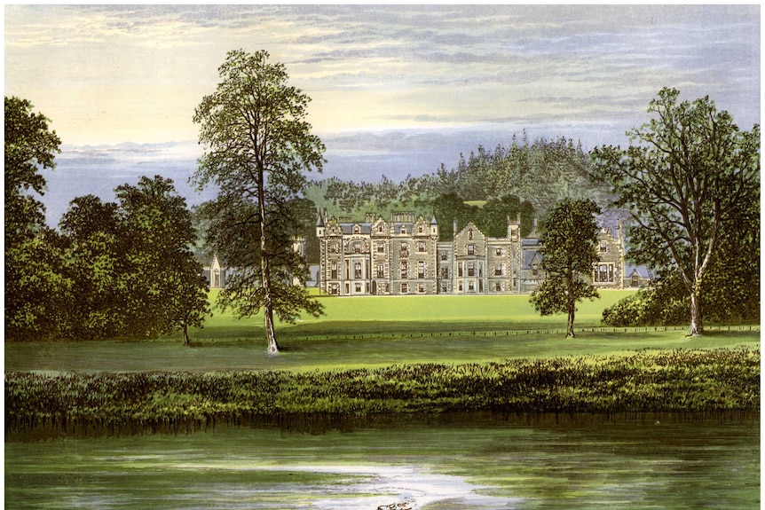 A printed illustration of Sir Walter Scott's home in Abbotsford, Roxburghshire, Scotland, c. 1880.
