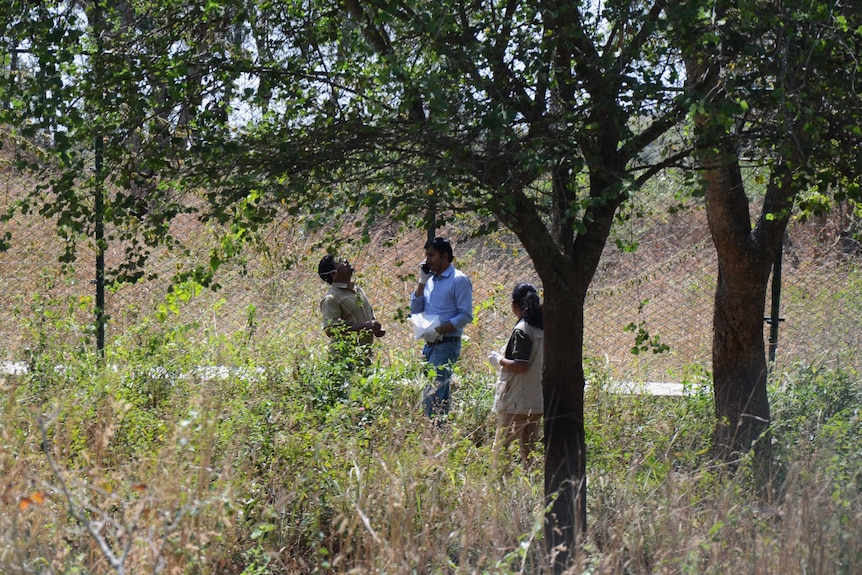 Indian officials from the Bannerghatta National Park inspect the enclosure at the animal rescue centre
