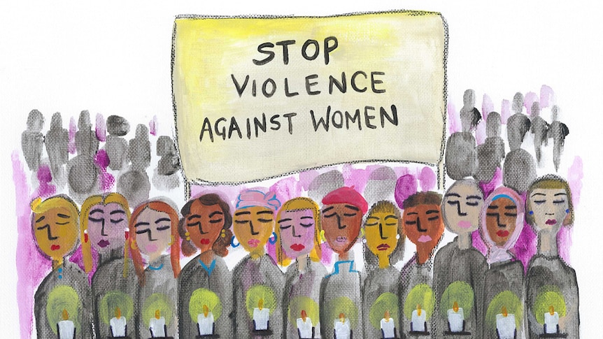 An illustration shows a group of protestors holding candles beneath a sign saying 'Stop violence against women'.