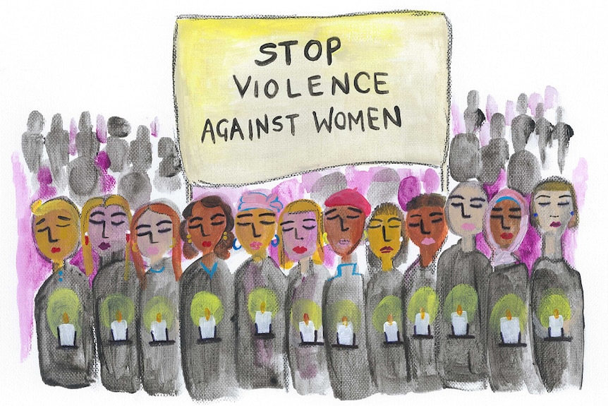 An illustration shows a group of protestors holding candles beneath a sign saying 'Stop violence against women'.