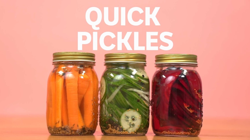 Three jars of pickled carrots, cucumber and beetroot with 'Quick Pickles' title in white block font.