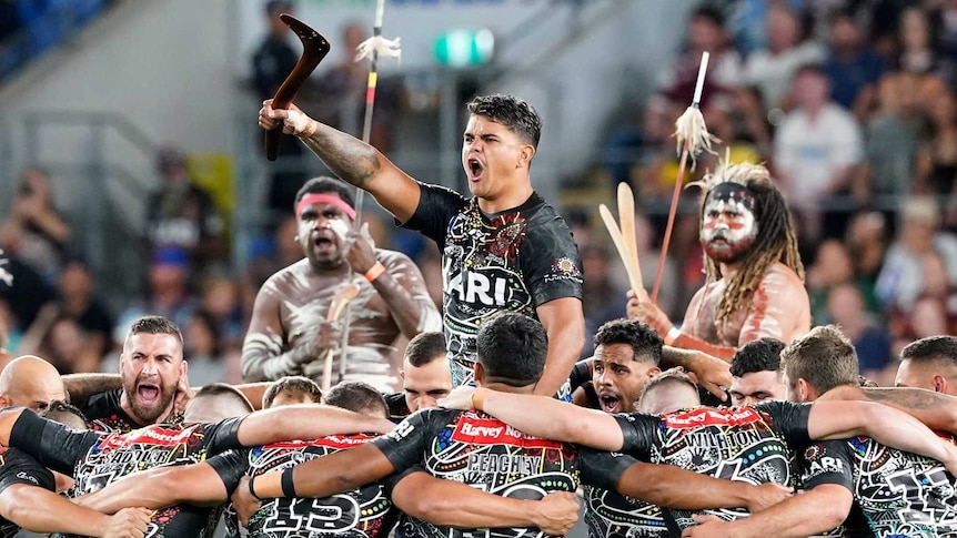 The NRL Indigenous All-Stars team performing the Unity Dance.