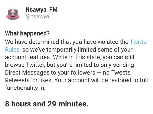 The Twitter notification sent to Nsawya FM