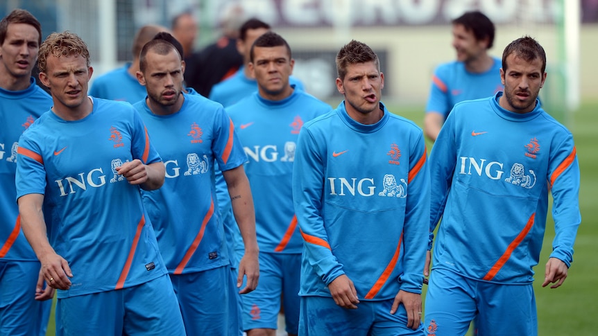 The Dutch team train Poland ahead of their opening match of the Euro 2012 championship on Saturday.
