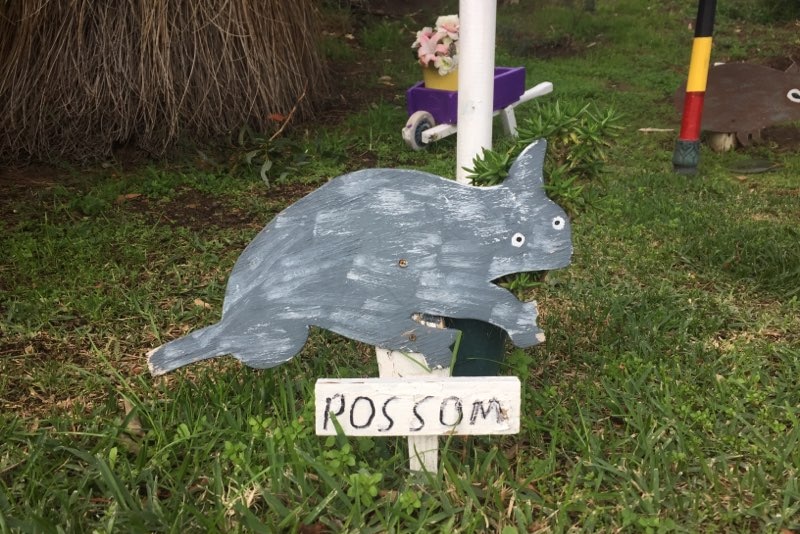 A hand painted grey wooden possum in grass, with a sign that says 'possum'.