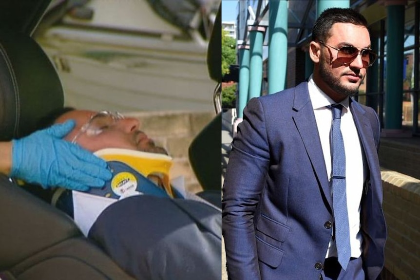 Composite of Salim in neck brace and in suit.