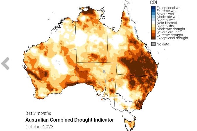 The Australian Combined Drought Indicator map from the last three months