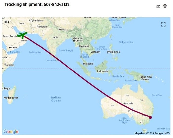 Map included with tracking details for the RWS parts sent to the UAE this month, showing they have arrived in the UAE.