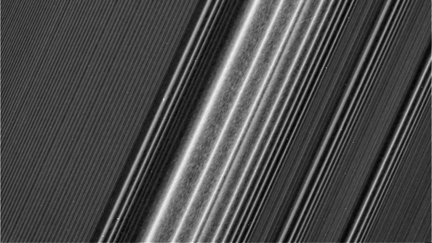 Close-up view of ripples and stripes in Saturn's rings