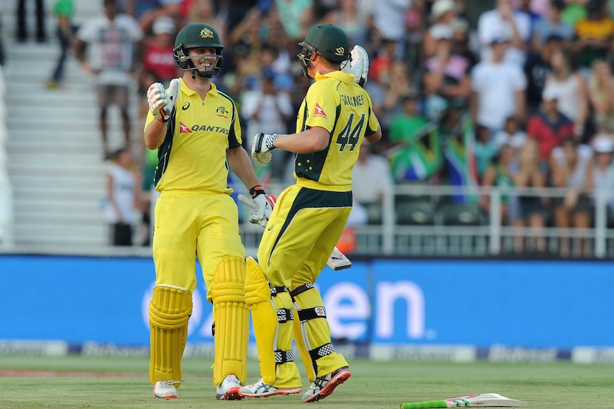 Mitch Marsh and James Faulkner celebrate Australia's T20 win