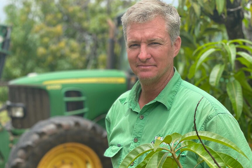 Foxalicious Fruits owner Andrew Dalglish stands next to a tractor and mango tree.