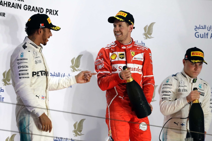 Sebastian Vettel celebrates his win at the Bahrain GP