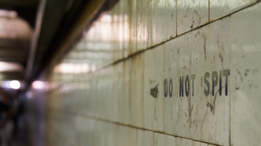 The words 'Do Not Spit' hand-painted on a tiled wall in a pedestrian tunnel. Build up of grime on tiles, people in background.