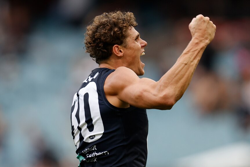 Charlie Curnow yells and punches the air in celebration