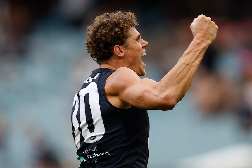 Charlie Curnow yells and punches the air in celebration